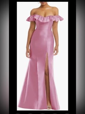ALFRED SUNG Off-Shoulder Ruffled Pink Maxi Gown